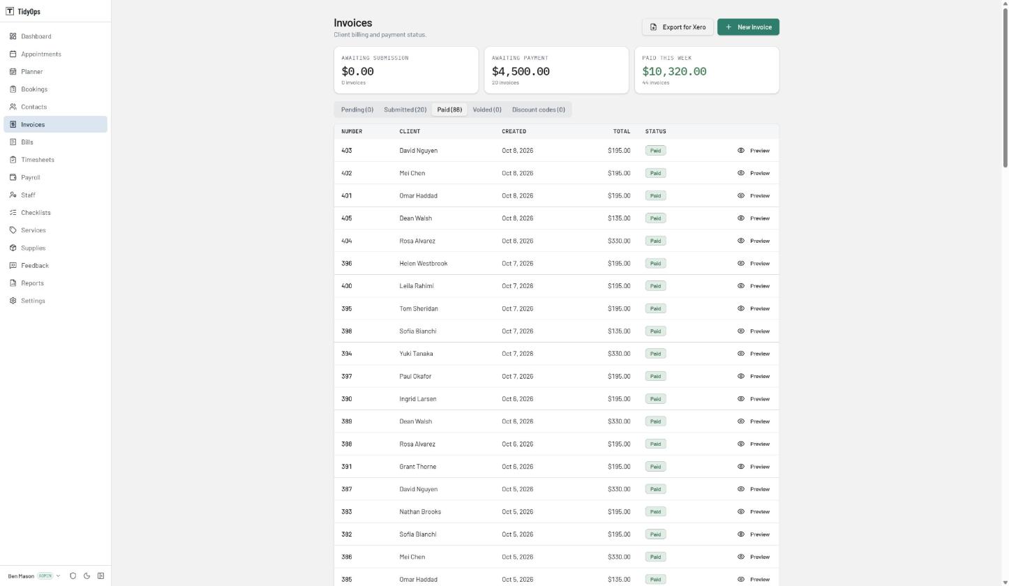 A list of invoices showing which have been paid, with an export control above them.